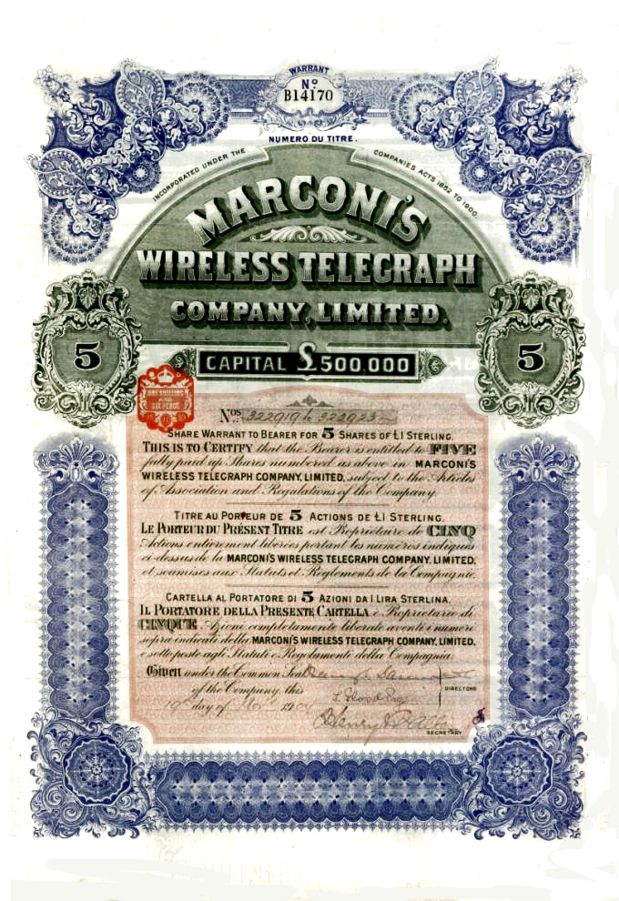 Certificato della Marconi's Wireless Telegraph Company Limited inglese